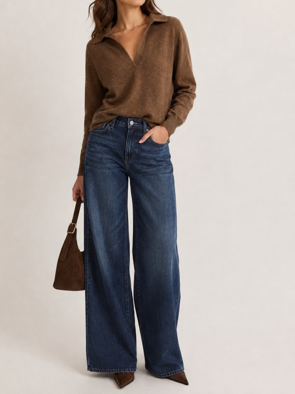 Amicale Cashmere Collard V-Neck Sweater Brown Size Large NWT
